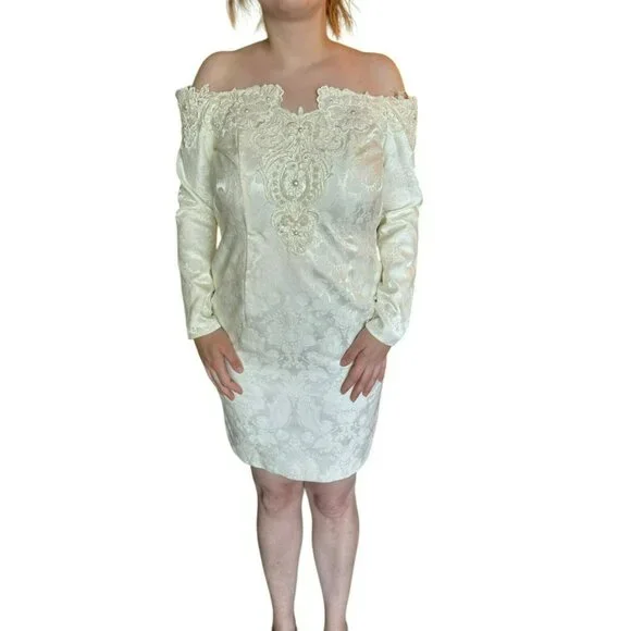 Vintage Jessica McClintock Ivory Lace Dress 6 Off-Shoulder Beaded Bridal Mini - Picture 4 of 12